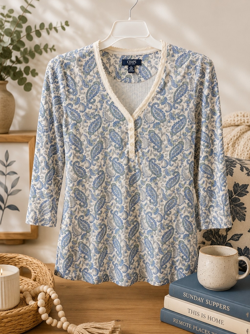 Chaps Paisley Ribbed Henley Top Medium Blue White Boho Cottagecore Cotton